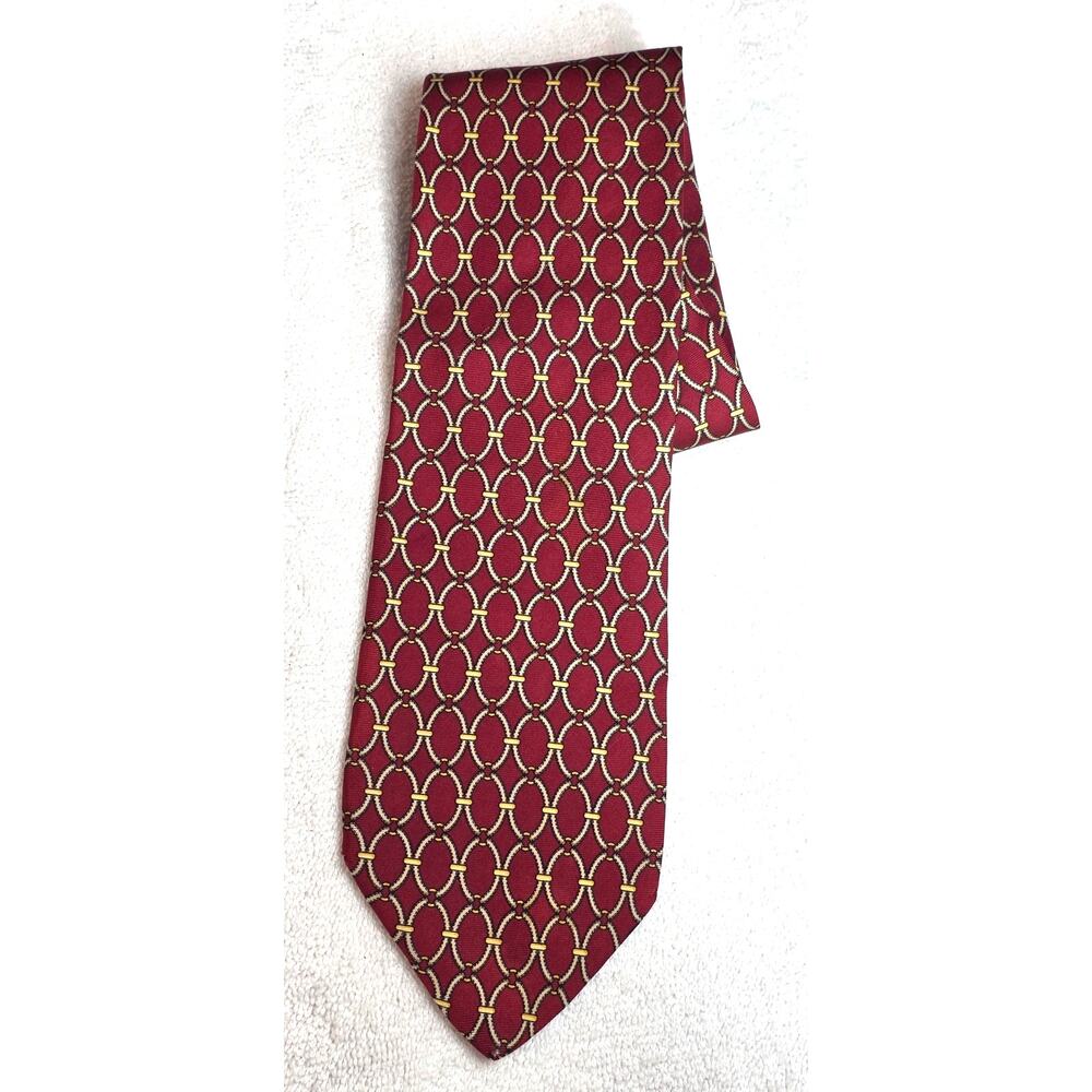 Paolo Gucci Equestrian Bit Print Red with Geometric Gold / White Chain Silk Tie